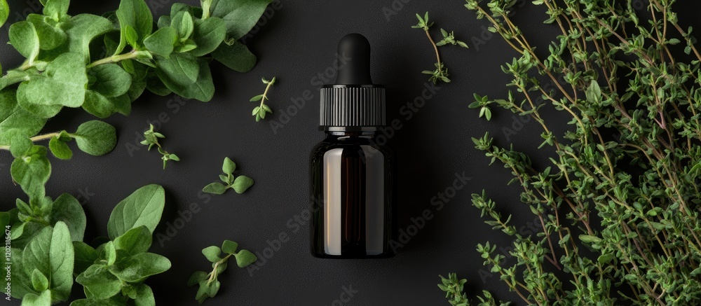Poster herbal dropper bottle surrounded by fresh herbs on dark background with copy space for text