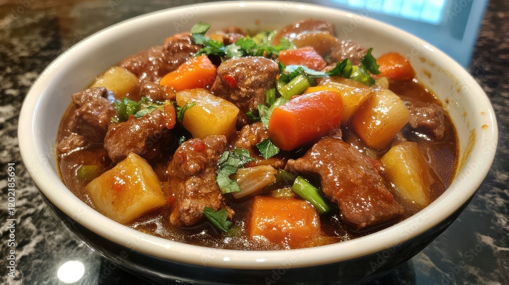 Poster beef stew with vegetables in a white bowl on a dark stone background copy space
