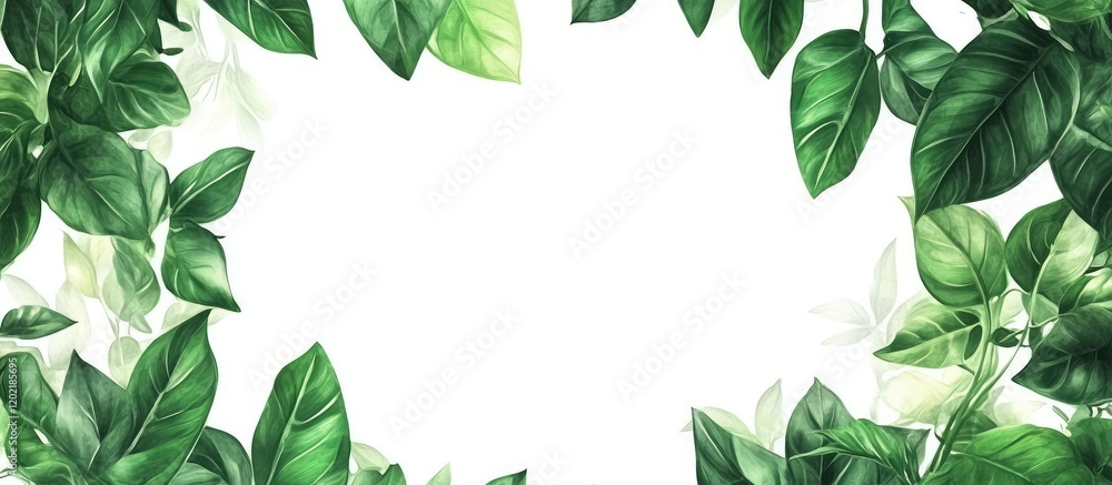 Poster green foliage border with various leaf shapes and textures on a white background, featuring plenty o