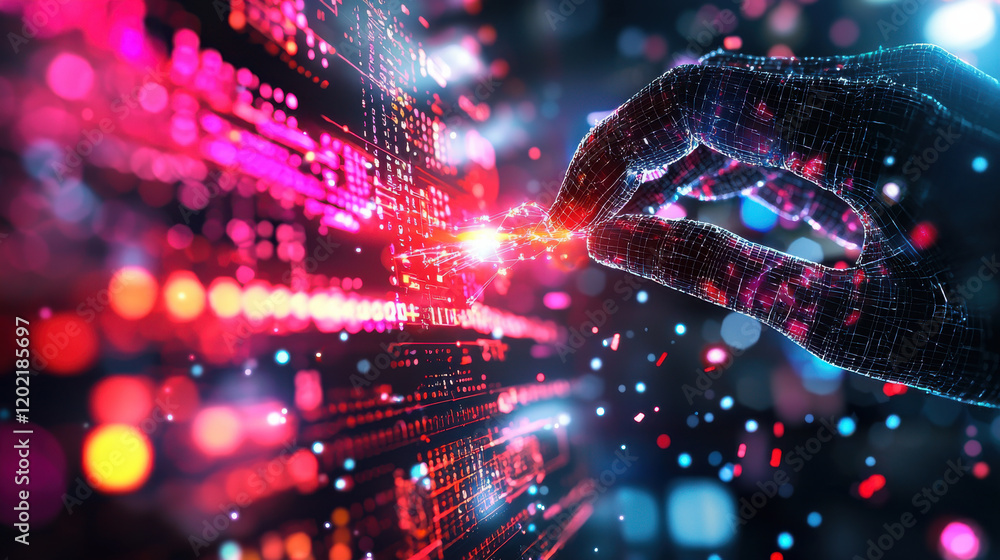 Aufkleber digital hand interacting with vibrant data streams, symbolizing technology and innovation. image conveys sense of connection and advancement in digital realm