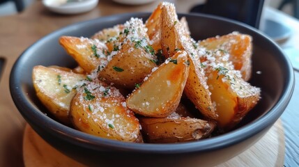 Bowl of crispy roasted potato wedges garnished with herbs and sea salt on wooden table Copy Space