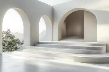 minimalist product display platform floating in pure white space, subtle shadows and clean geometric shapes creating elegant composition