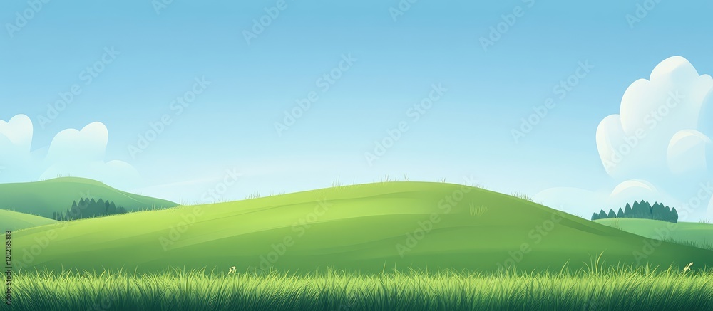 Poster Green rolling hills under a clear blue sky with fluffy clouds and ample copy space for text or design elements