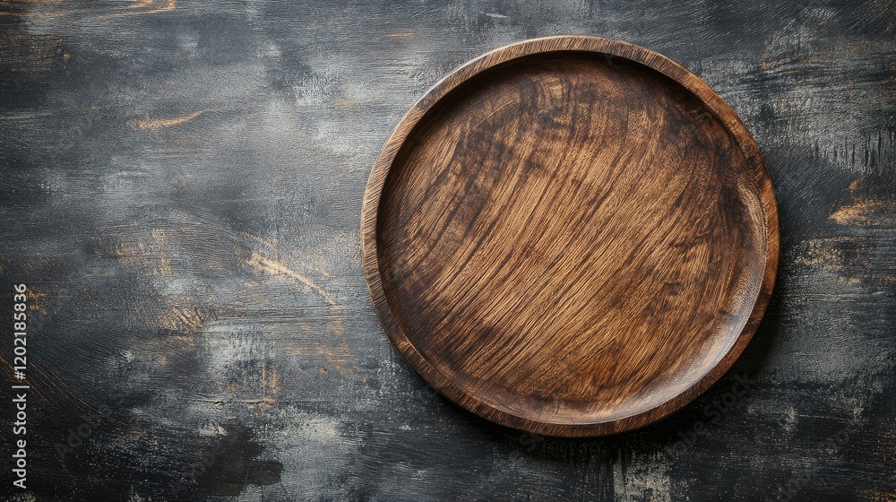 Aufkleber round wooden plate on a dark textured background with ample copy space for text or design elements.