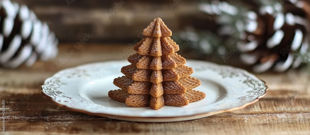 Poster gingerbread cookies arranged in a tree shape on a vintage plate with pine cones in the background co