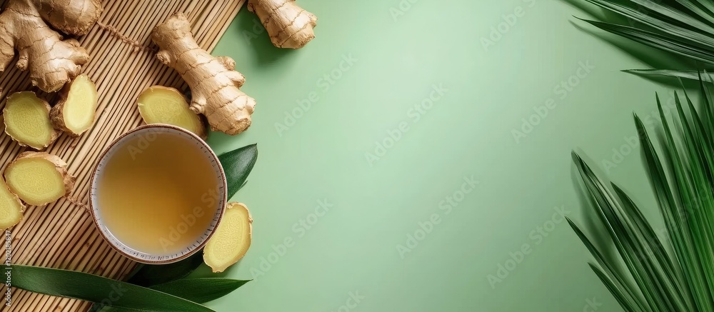 Poster Ginger tea in a cup surrounded by fresh ginger root slices and palm leaves on a green background with copy space for text