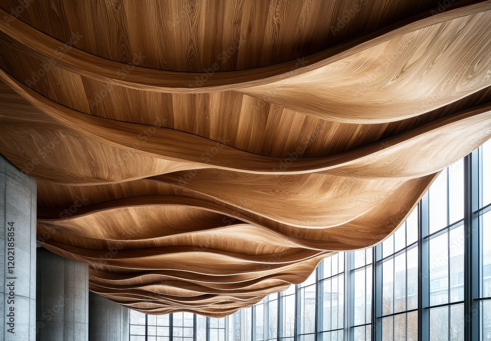 Poster undulating wooden ceiling design in modern building with large windows, showcasing natural light and