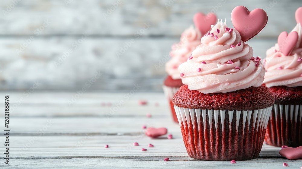 Aufkleber valentine's day themed red velvet cupcakes with pink frosting and heart decorations on a rustic wood