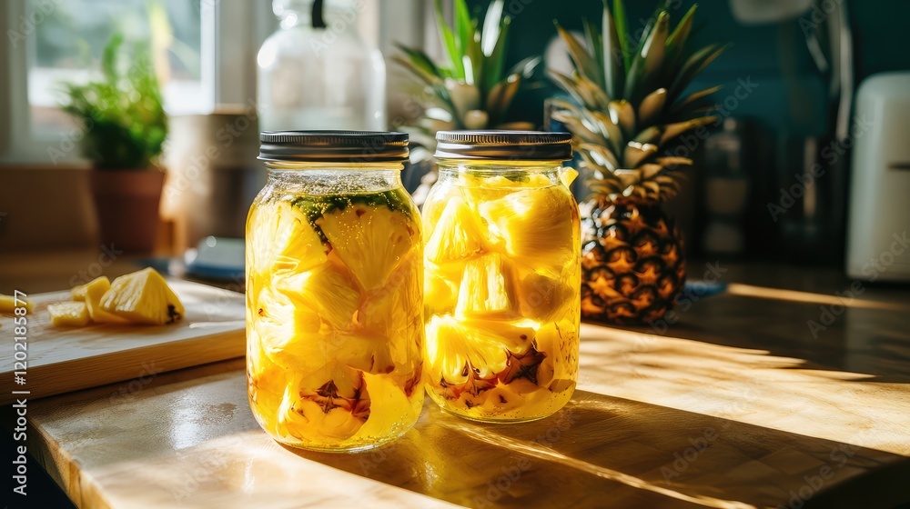 Poster pineapple slices in glass jars with syrup on kitchen countertop with fresh pineapple in background a