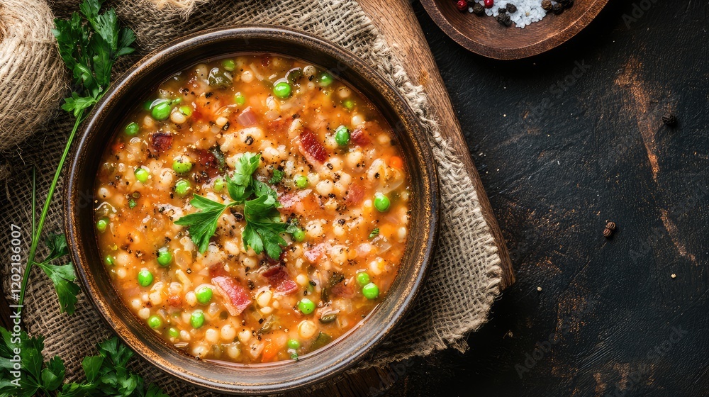 Poster bowl of hearty split pea soup with greens and bacon on wooden table with herbs and spices copy space