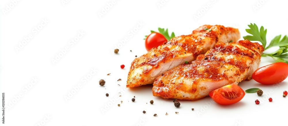 Poster grilled chicken fillets with cherry tomatoes and fresh herbs on white background with copy space