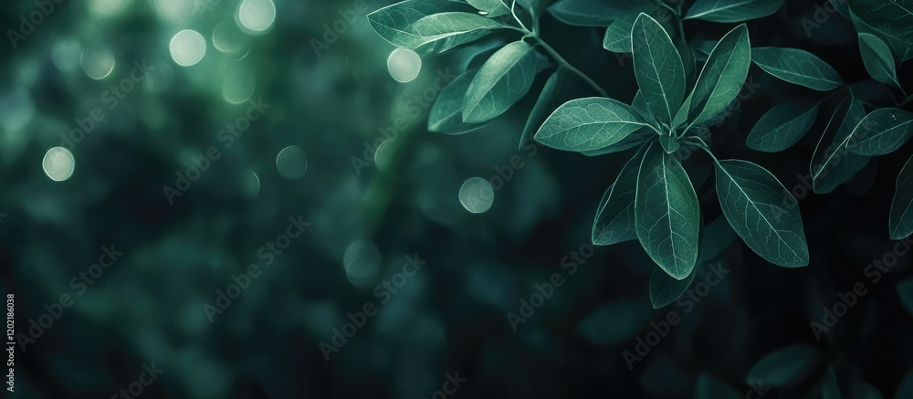 Aufkleber Dark green foliage with blurred background and bokeh lights, featuring rich leaf textures and ample copy space for text.