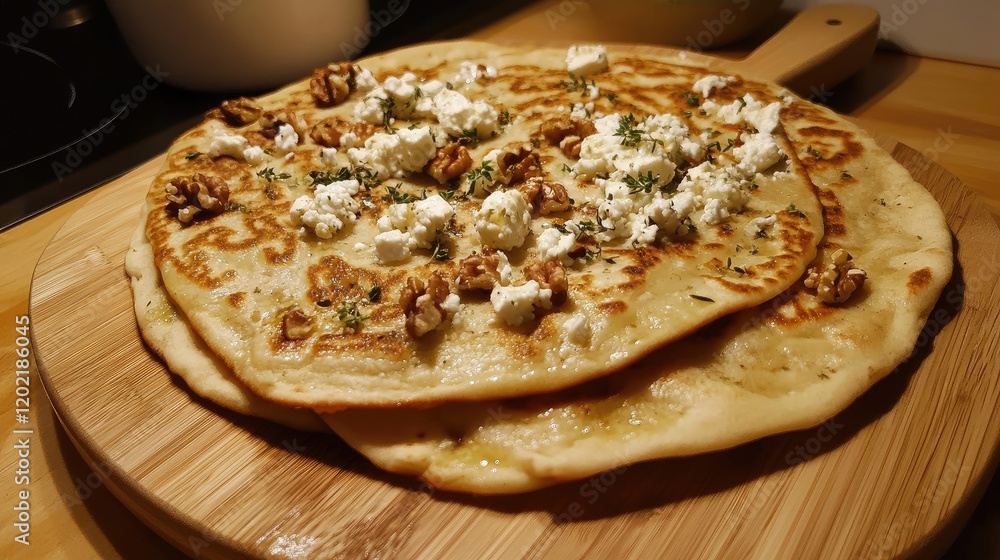 Poster homemade flatbreads topped with walnuts and fresh cheese on a wooden serving board with kitchen back