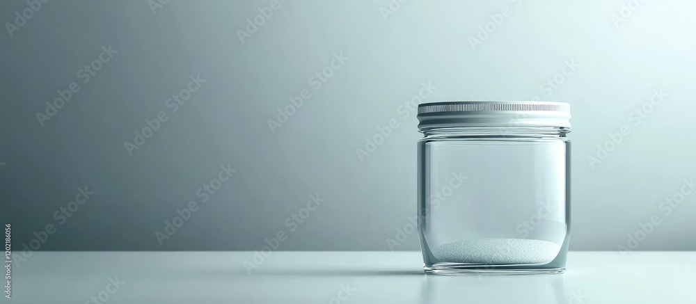 Poster Empty glass jar with a white lid on a light gray background, minimalistic design with copy space for text.