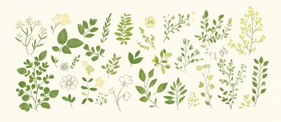 Floral botanical illustration featuring a variety of leaves and flowers in green and yellow tones on a light background with Copy Space