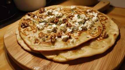 Homemade flatbreads topped with walnuts and fresh cheese on a wooden serving board with kitchen background and Copy Space
