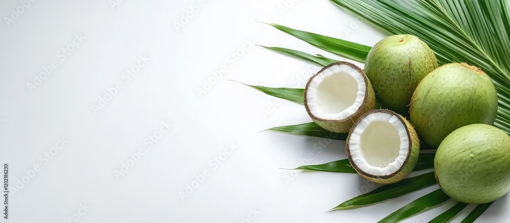 Poster Fresh coconuts and green tropical leaves on a light background with ample copy space for text placement.