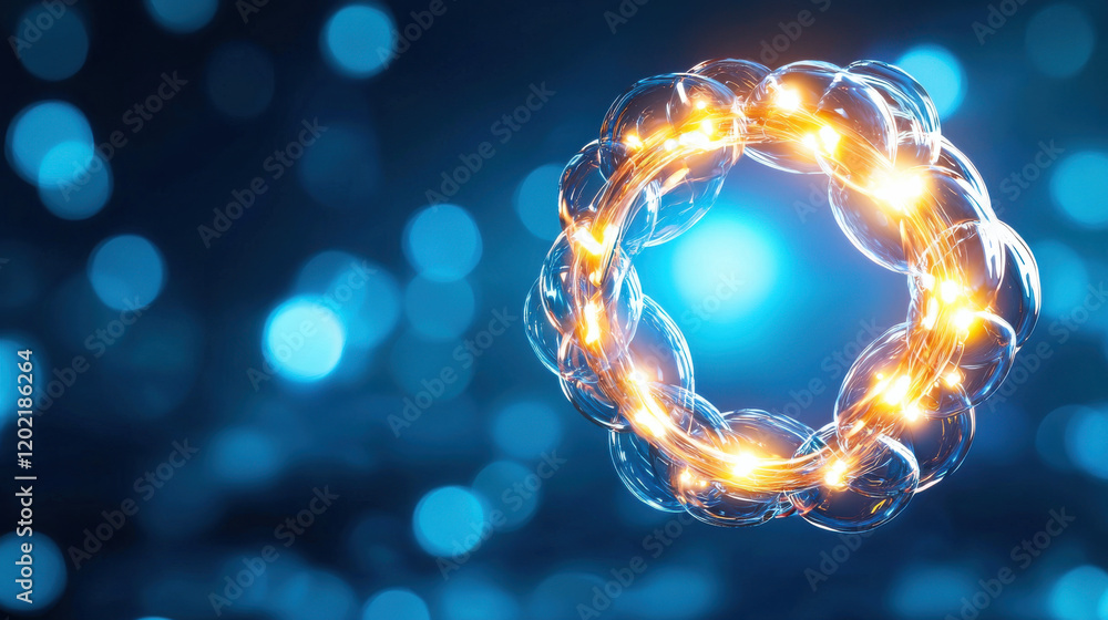 Poster glowing circular formation of bubbles against blue background creates mesmerizing visual effect, evo