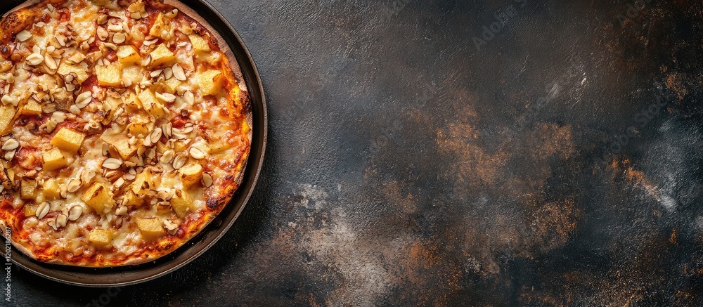 Aufkleber Delicious pizza with toppings on a rustic dark background featuring ample copy space for text placement