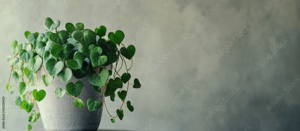Aufkleber potted heart-shaped leaf plant on a table against a textured gray wall with ample copy space for tex