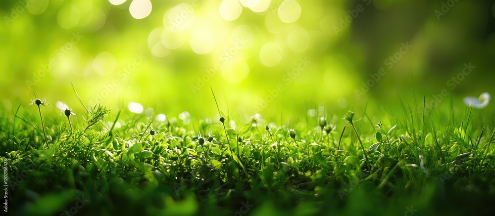 Poster lush green grass close-up with soft bokeh background and natural light copy space