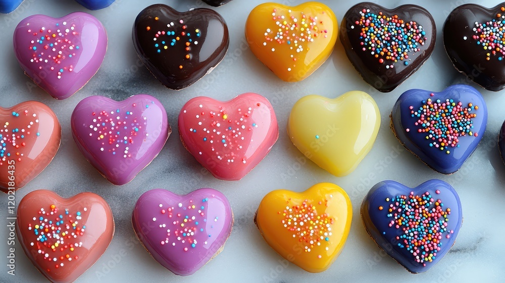 Poster Colorful heart-shaped candy with sprinkles arranged neatly on a marble surface with Copy Space for text.