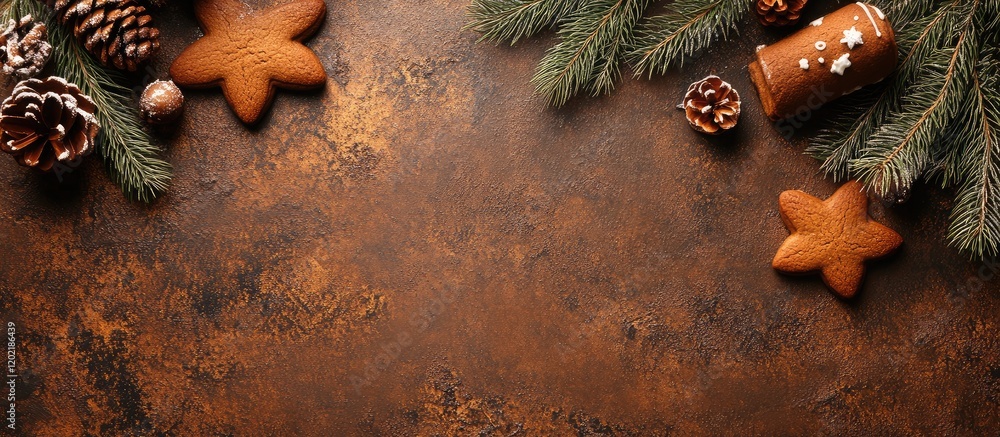 Aufkleber gingerbread cookies and pine branches on a rustic wooden background with copy space for holiday gree