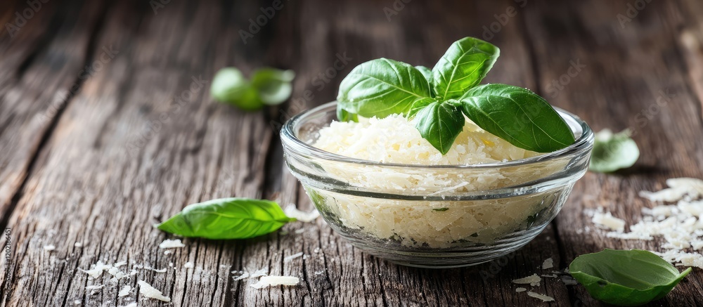 Poster fresh basil leaves on a bowl of grated parmesan cheese on rustic wooden background with copy space