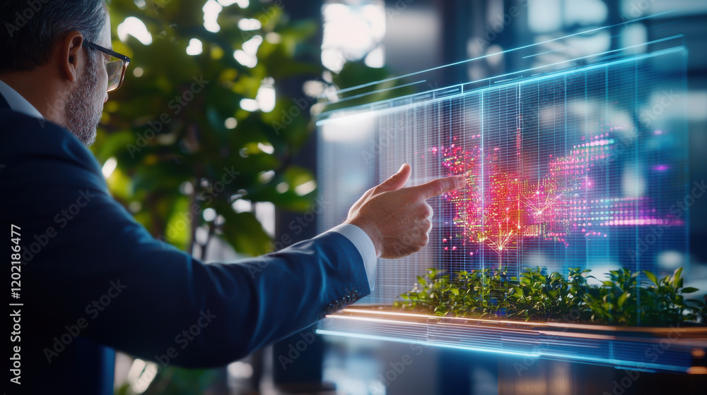 Poster businessman interacts with digital interface, showcasing data visualization and technology in modern office environment. scene conveys innovation and progress