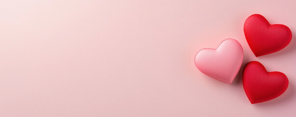Three colorful heart shapes on soft pink background create romantic atmosphere, perfect for expressing love and affection