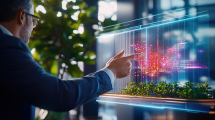 businessman interacts with digital interface, showcasing data visualization and technology in modern office environment. scene conveys innovation and progress