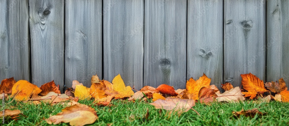 Poster Wooden fence with fallen autumn leaves and green grass creating a textured background with Copy Space.