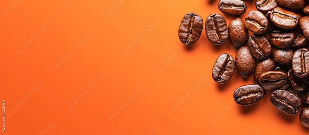 Poster coffee beans on vibrant orange background with copy space for text placement