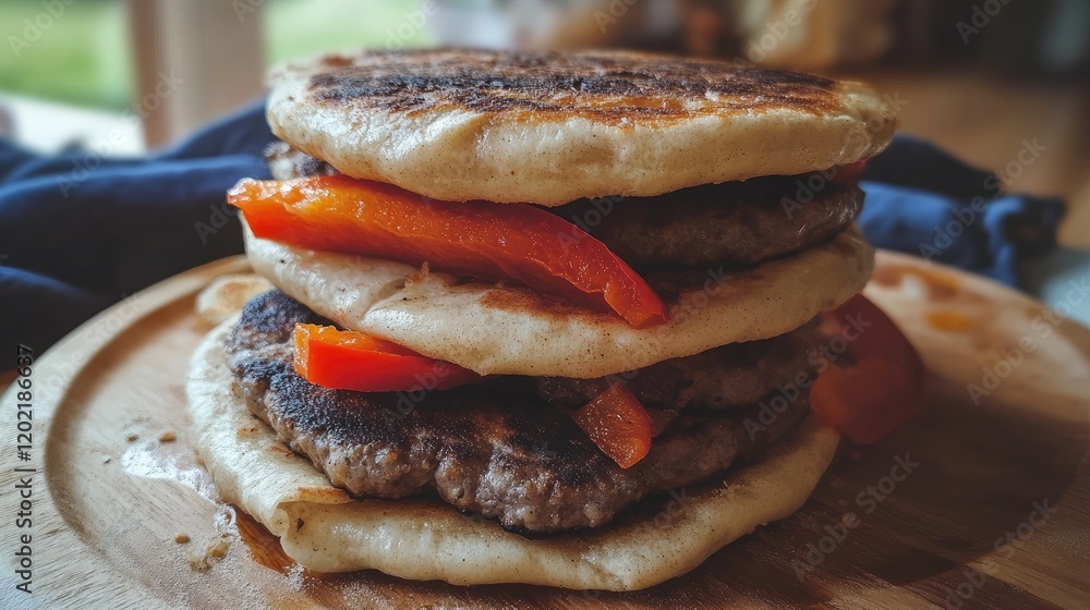 Poster stacked pancakes with grilled red peppers and beef patties on a wooden board with blurred background