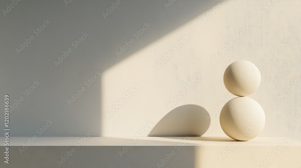 Poster Minimalistic composition of two white spheres on a light shelf with soft shadows and a diagonal light beam Copy Space