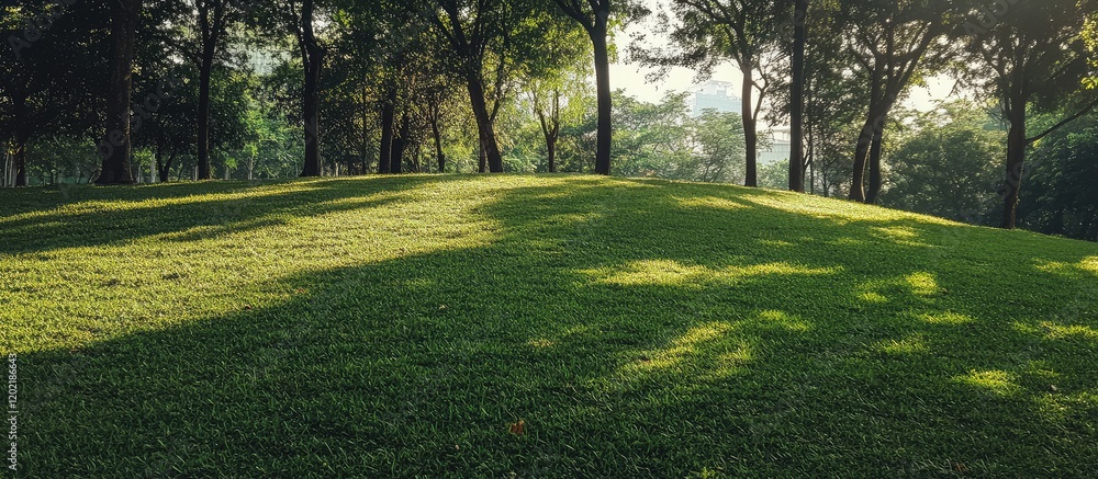 Poster lush green hillside landscape with dappled sunlight and scattered shadows from trees in a serene out