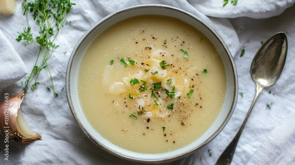 Poster creamy soup served in a bowl garnished with herbs and spices on a textured white cloth with a spoon 
