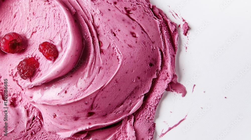 Poster Raspberry ice cream swirl with fresh raspberries on a white background and ample copy space for text or branding