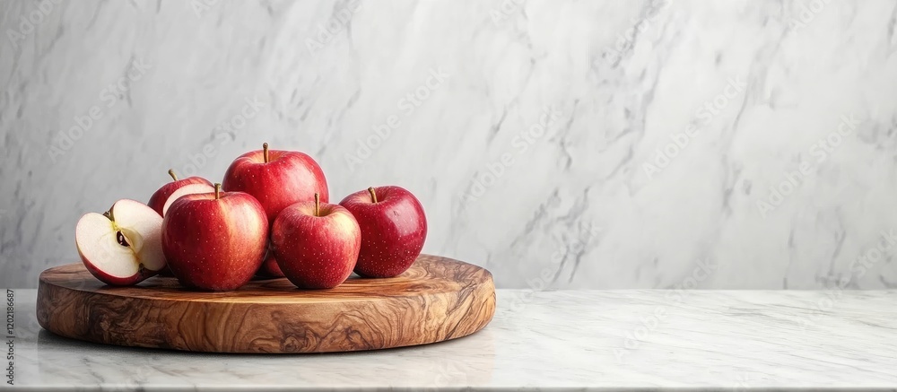 Poster Fresh red apples on a wooden cutting board with marble background and copy space for text placement