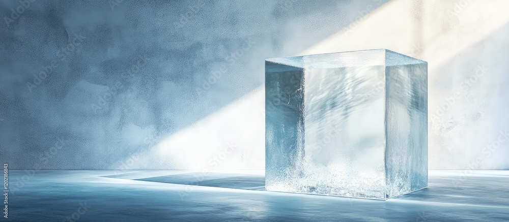 Poster Crystal clear ice cube illuminated by soft natural light in a minimalist abstract setting with blue tones and copy space