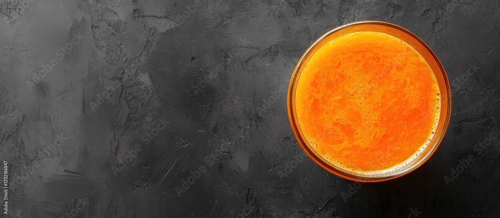 Aufkleber Freshly squeezed orange juice in a glass on a dark textured background with ample copy space for text.