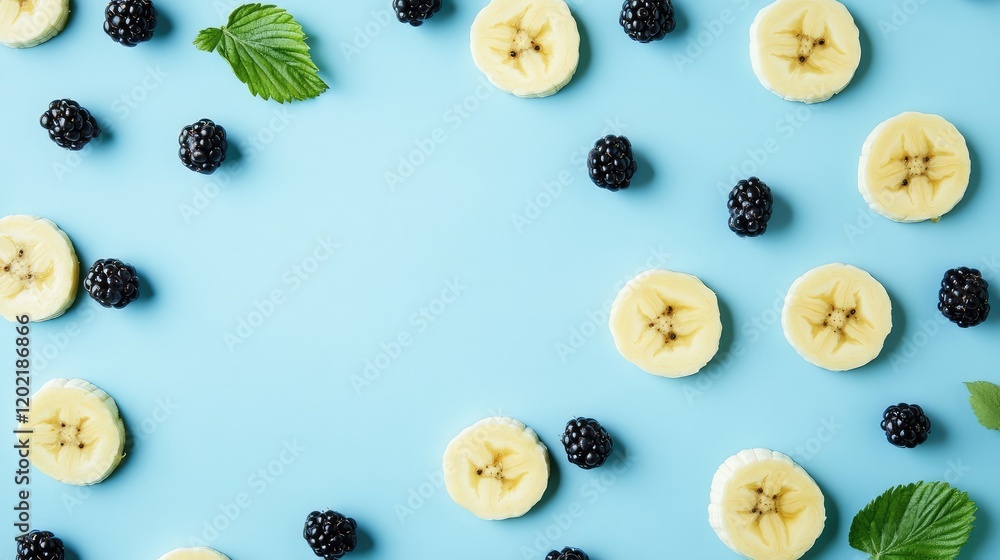 Poster banana slices and blackberries arranged on a blue background with mint leaves and copy space for tex