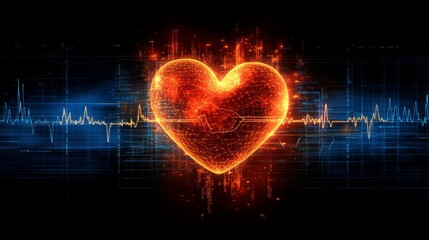 A glowing heart emits fiery light and pulses with energy, framed by a digital heartbeat line, symbolizing love and vitality