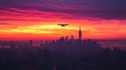 Fototapeta premium Drone Flying over New York City at Sunset with Vibrant Red and Orange Sky Hues