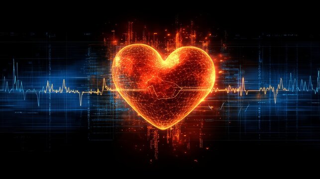 A glowing heart emits fiery light and pulses with energy, framed by a digital heartbeat line, symbolizing love and vitality