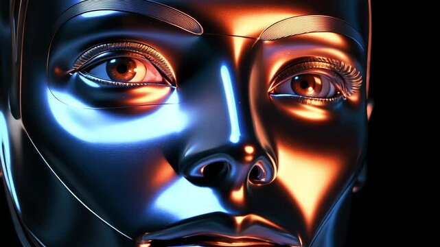 On a black background, a futuristic metallic humanoid face