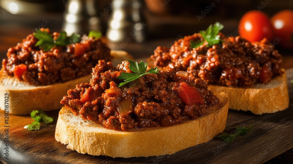 Poster savory meat sauce on toasted bread slices garnished with fresh parsley and tomatoes placed on a wood