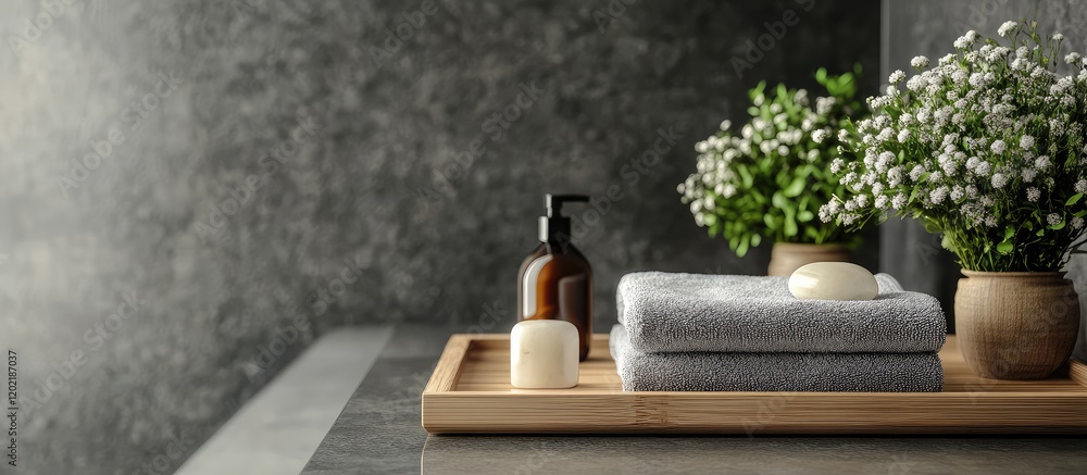 Poster spa setting with towels, soap, and potted flowers on wooden tray against textured wall with copy spa