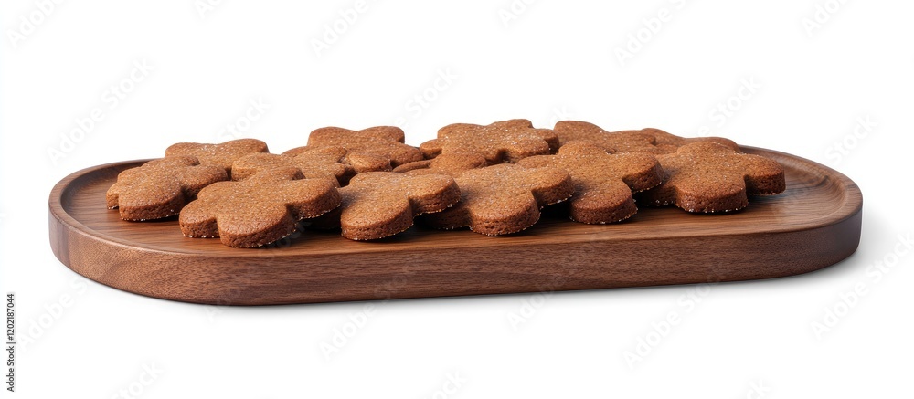 Poster freshly baked gingerbread cookies shaped like gingerbread men arranged on a wooden tray with ample c