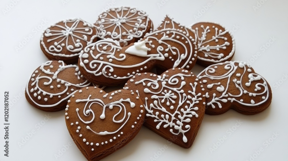 Poster decoratively iced gingerbread cookies arranged on a white background with intricate designs and copy